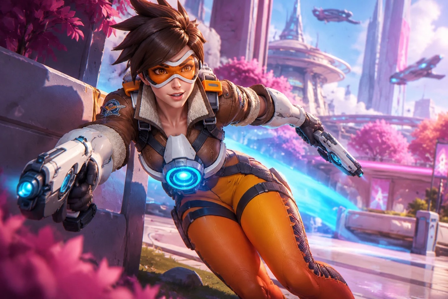 Original fan artwork of Tracer moving near cover