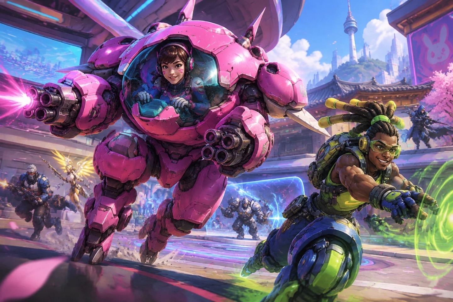 Original fan illustration of Overwatch heroes working together in a futuristic arena